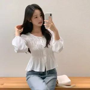 [모어렌] [MADE] 오즈린 스모킹 버튼 블라우스[tbs0450]