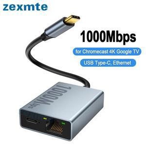Chromecast 4K Google TV USB C Type-C 용 Zexmte 1000Mbps 이더넷 어댑터-PC ipad Android 장치 네트워크