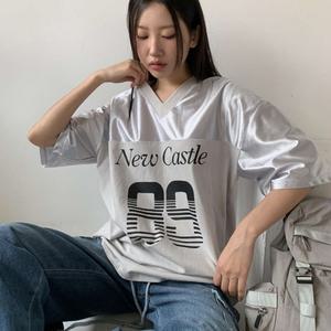 [다잇템] 여성 면원단 필기체 V넥 나염 빅사이즈 반팔티