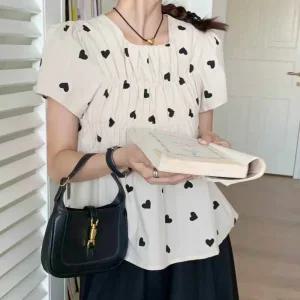 여성 스모크밴딩 하트 A라인 반팔 블라우스 MSE-WBL-20706-베이지