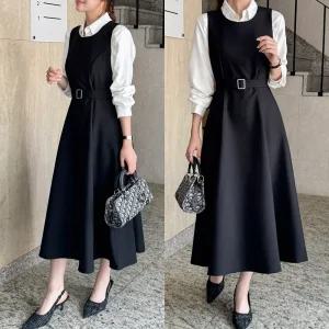 [데일리앤] 베를린 뷔스티에 플레어 벨트 세트 하객룩 원피스 지퍼 레이어드 봄 가을 사계절