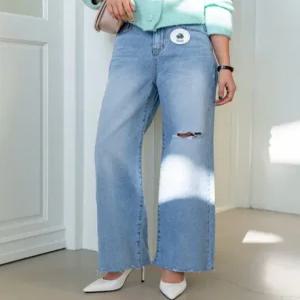 여자 봄 여름 난스판 데미지 와이드 데님팬츠 찢청 통청바지