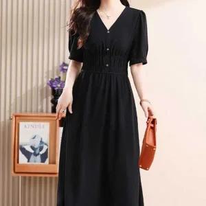 홀복 블랙 주얼리 버튼 원피스 반팔 브이 3중밴드 어깨셔링