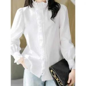 목프릴 블라우스 가을 긴팔 셔링 스카프 하이넥 앤티크룩