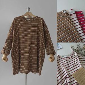 보드 스트라이프 단가라 박스핏 라운드 가을 여성 긴팔 롱 루즈핏 티셔츠 (3color)