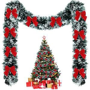 크리스마스 파티 트리 계단 맨텔 테이블 장식 용품을 위한 131.23피트 높이의 크리스마스 틴셀 갈랜드와 레드 보우 메탈릭 글리터링 매달린 트위스트 갈랜드 라이스샷