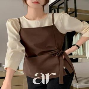 (꾸민듯예쁜날) 에비뉴 사이드 셔링 리본 뷔스티에 레이어드 블라우스 bs8506