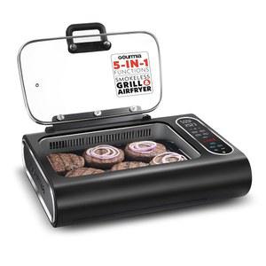 실내 그릴용 연기 추출 기술이 적용된 구르미아 무연 그릴 & 에어프라이어 라클렛 초대형 논스틱 쿠킹 전기 실내용 식 바비큐 스타일 6쿼터 푸드스테이션