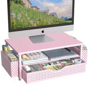 책상 정리함 및 액세서리, 서랍장과 펜 홀더 2개가 있는 컴퓨터 모니터 스탠드 라이저, 사무용품을 위한 사무용 책상 액세서리 및 작업 공간 정리함(핑크색)