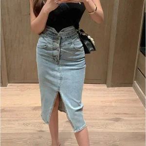 [하프클럽/]G126027 (스판)앞트임 데님스커트 청치마