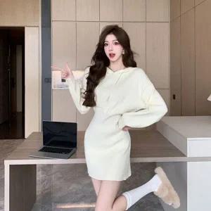 [하프클럽/]후드 골지 캐주얼 긴팔 미니 원피스 베이직 심플 편한