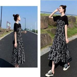 [하프클럽/]Fd 블랙 롱 원피스 반팔 플라워 여성 여름 플레어원피스 플라워