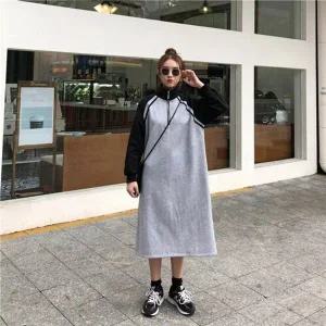 [하프클럽/]F4290 소매배색 앞지퍼 하이넥 롱원피스 원피스