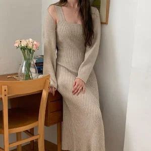 [하프클럽/]여자 볼레로 여리핏 숏가디건 뷔스티에 니트원피스 세트