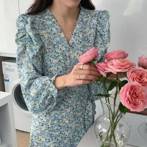 [하프클럽/]어깨셔링 플라워 랩스타일 브이넥 롱원피스