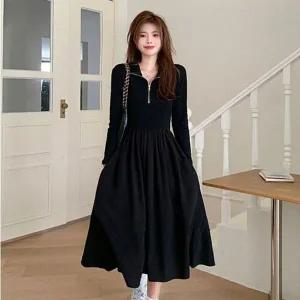 [하프클럽/]블랙 반집업 A라인 날씬핀 롱 긴팔 캐주얼 원피스