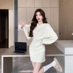 [하프클럽/]골지 캐주얼 원피스 미니 심플 베이직 편한 후드 긴팔