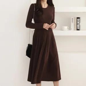 여성 겨울 기모 긴팔 주름 플레어 롱 원피스 플리츠 OP0435S