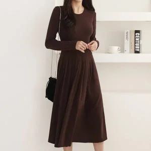 여성 겨울 기모 긴팔 주름 플레어 롱 원피스 플리츠 OP0435S