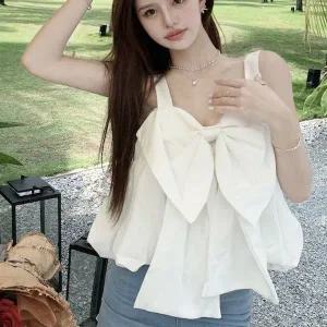 빅 리본 장식 크롭 나시 블라우스 캐주얼 민소매 탑 나시