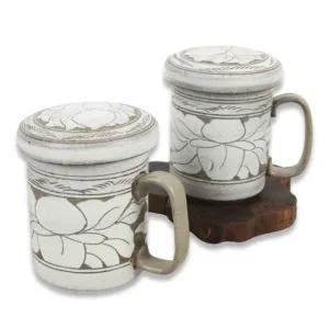 분청 조각목단 머그다기 2인세트 다도세트 (W7EF71C)