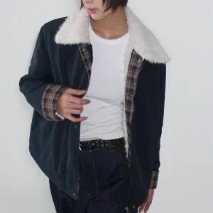 [다잇템] 여자 덤블 콘트라스트 격자 FUR안감 카라넥 워크 FW 자켓