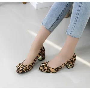 [라운슈] 골드 리본 호피 청키힐 펌프스 구두 6.5cm