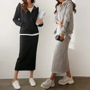 여성 겨울 양털 기모 면 후드집업 자켓 H라인 롱스커트 트레이닝 세트 SST0061S 빅사이즈 루즈핏