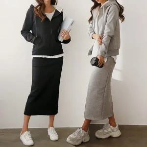 여성 겨울 양털 기모 면 후드집업 자켓 H라인 롱스커트 트레이닝 세트 SST0061S 빅사이즈 루즈핏