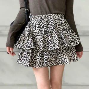 여성 호피 레오파드 캉캉 프릴 밴딩 미니 스커트