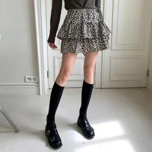 [다잇템] 여자 고무줄 레오파드 프릴 호피 티어드 쁘띠 스커트