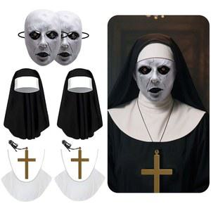할로윈 무서운 수녀 마스크 2종 세트/8개, 풀 헤드 의상 액세서리, 공포 모자 칼라 크로스 펜던트 목걸이 세트 여성 코스프레 파티