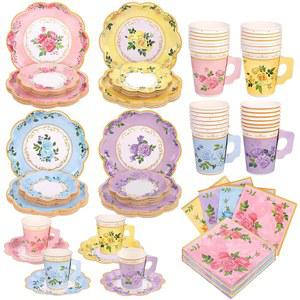 코초리 96피스 꽃무늬 종이 찻잔 및 접시 9온스 손잡이 9인치 7인치 냅킨 일회용 티 파티 용품, 결혼식 생일, 핑크, 블루, 옐로우, 퍼플 24종 제공