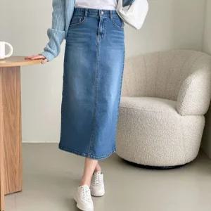 여성 스판 밴딩 뒷트임 H라인 데님 롱스커트 핏이 청치마 빅사이즈