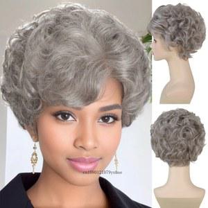 묶은 머리 가발 여성 합성 회색 할머니 앞머리가 있는 단발머리 숏컷 곱슬 일상 파티 사용 코스프레 내추럴
