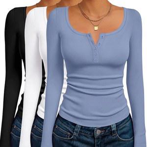 Ekouaer 여성용 긴팔 헨리 티셔츠 3팩 가을 버튼 슬림 핏 탑 베이직 베이스 레이어 소프트 써멀 언더셔츠