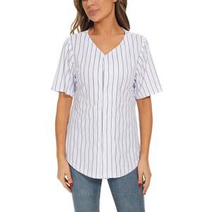 여성 야구 저지 스트라이프 소프트볼 버튼 다운 티셔츠 스포츠 유니폼 반팔