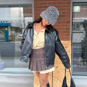 여자 남자 오버핏 카라넥 투웨이 집업 심플 가죽 자켓