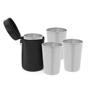 휴대용 스텐 캠핑컵 4p세트(170ml) 가죽파우치 스텐컵 용컵 스테인리스 물컵 주스 쥬스 음료잔 보관치