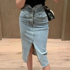 데님 슬릿 청롱치마 버튼 단추 디자인 연청치마 오픈