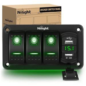 Nilight 3 갱 로커 스위치 패널, 4.8암페어 듀얼 USB 충전기 전압계 방수 12V 24V DC 스위치, 자동차 트럭 보트 RV용 야간 글로우 스티커, 2년 보증, 블루, 그린