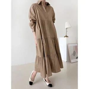 [하프클럽/샵앤]여성 카라넥 단추오픈 4단 캉캉 셔링 롱원피스 ARA-WDR-4949-진