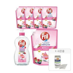 프릴 베이킹소다 베리 용기, 700ml, 1개 + 리필, 1L, 5개  + 증정 (버블버블 일회용 롤 수세미 28장(롤형),1개)