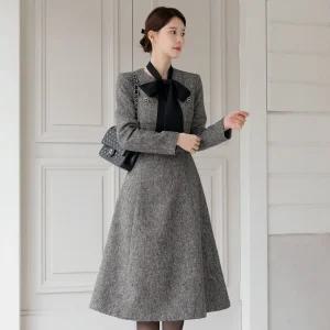 [시크라인] (~XXL까지)(기장선택) 디네론 자켓 레이어드 타이넥 트위드 원피스 겨울 하객룩 모임룩 격식룩 빅사이즈