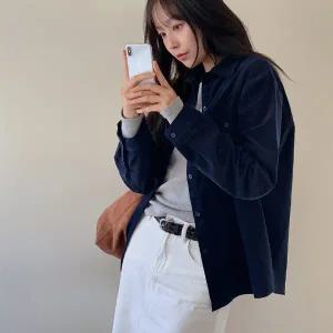 핫핑 [내추럴핏] 다비스 루즈핏 코튼 코듀로이 자수 긴팔셔츠