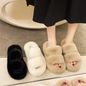 잔량덤핑 스트랩 퍼 4cm 통굽 샌들 겨울 여성 사무실 슬리퍼 털슬리퍼 털실내화