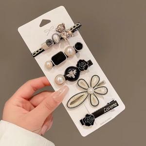 5개세트 진주 집게핀 헤어핀 블랙 옆머리 앞머리 메탈 큐빅 장미 헤어 머리핀