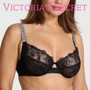 [빅토리아시크릿]빅토리아시크릿 큐빅 로고 샤인스트랩 노패드브라 D컵 E컵 홑겹브라 세트 블랙(해외배송)