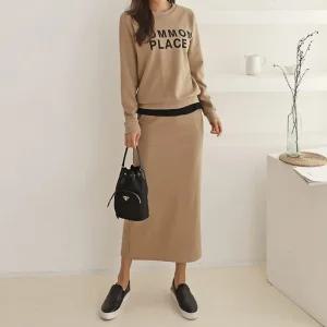[유야]여성 면 레이어드 맨투맨 H라인 롱스커트 세트 -FSST0041- 봄 가을