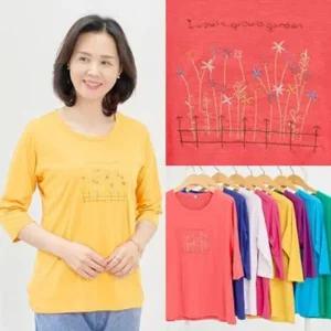마미소 꽃동산 7부 티셔츠 면40 라운드 자수 베이직 엄마 할머니 빅사이즈 40 60 마담 중년 여성 옷
